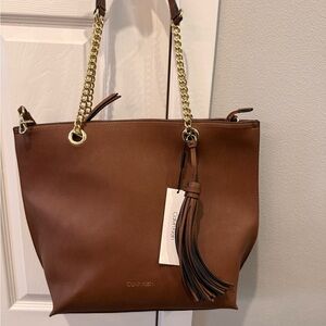 Calvin Klein Brown OTLT Tote with Gold Chain NWT